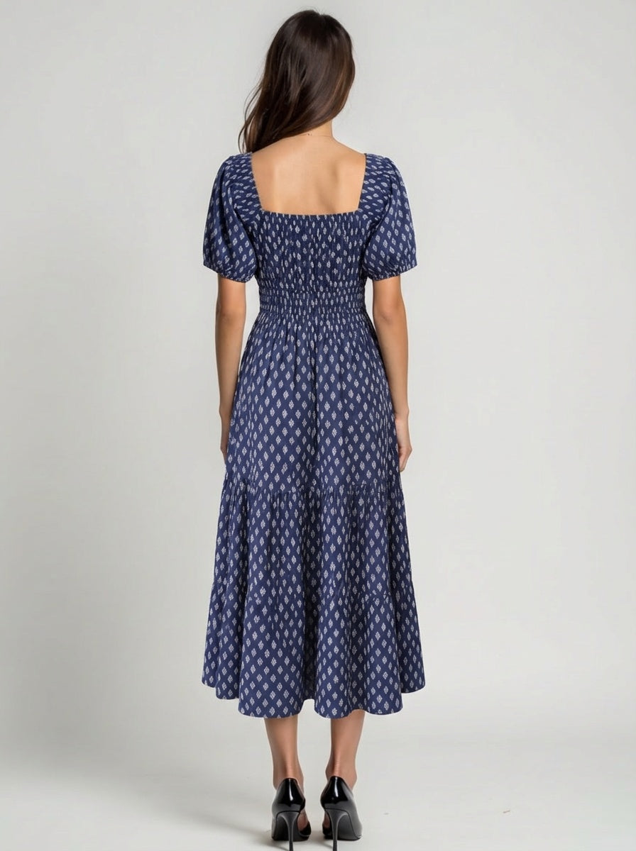 Midi dress with elasticated smocked waist and tie detail