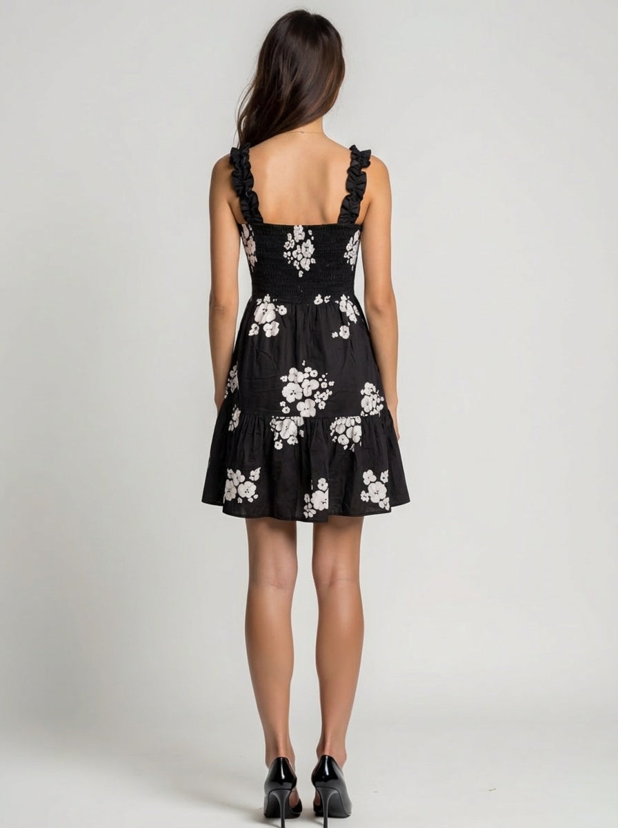 V neck floral print sleeveless mini dress