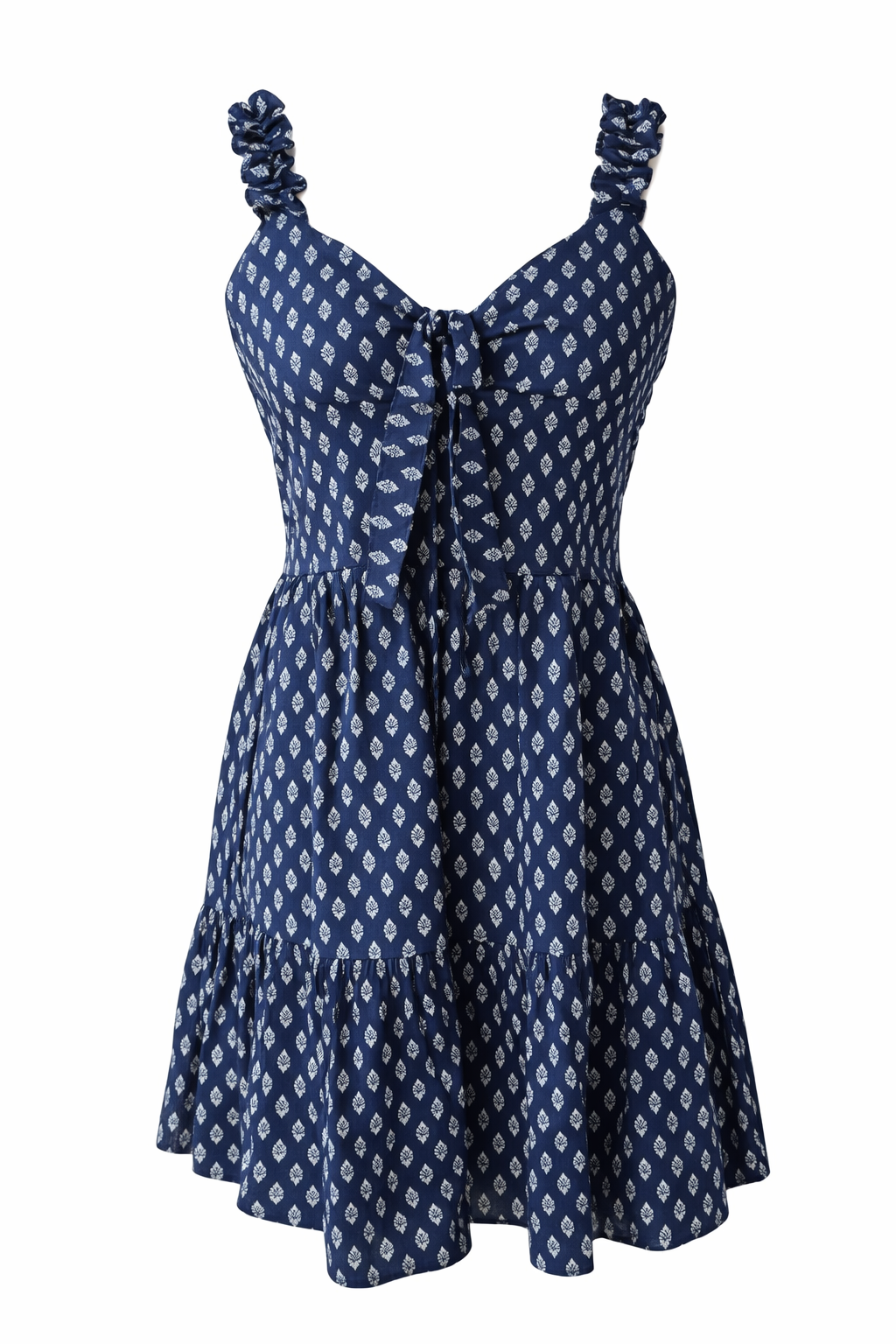 Blue patterned dress with ruffled straps elastic