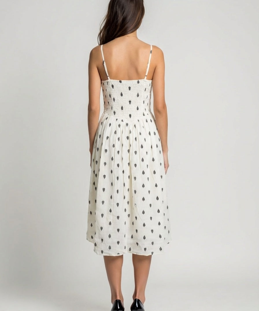 Square neck cotton midi dress with navy geometric print