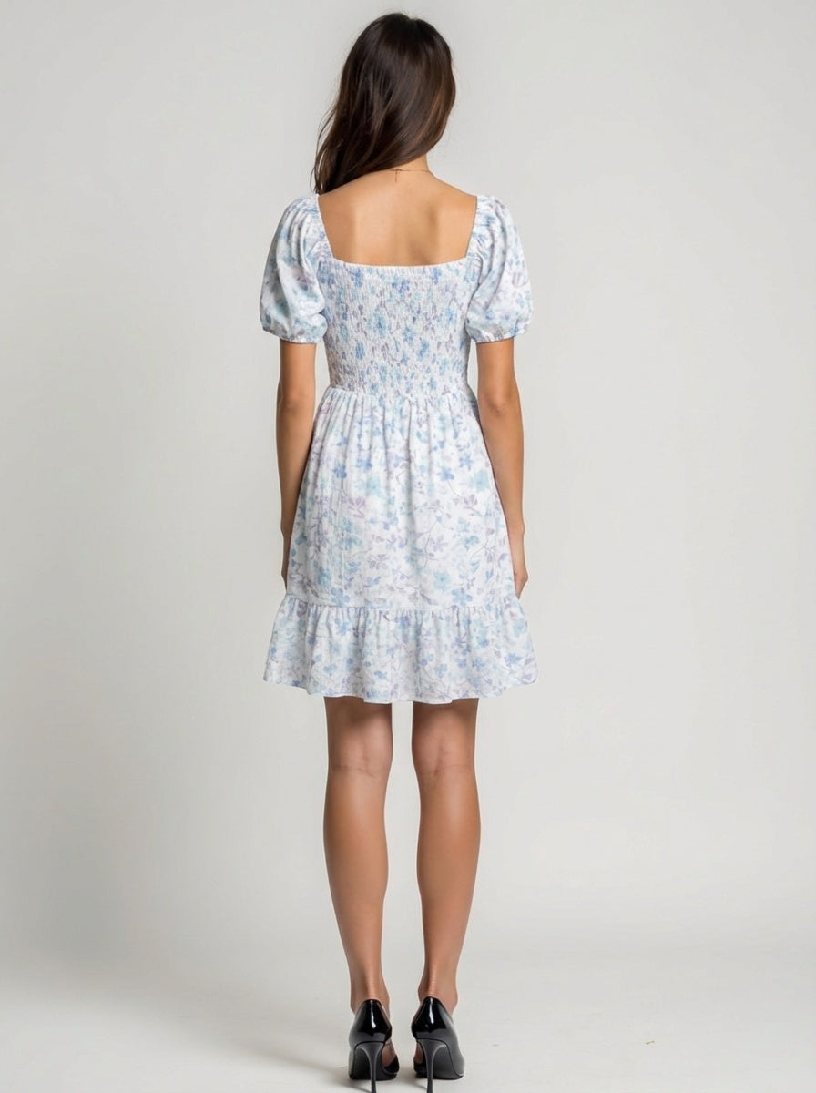 Square neck cotton dobby dress with puff sleeves backside