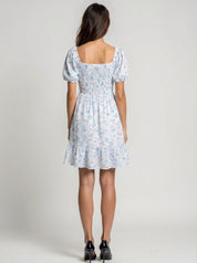 Square neck cotton dobby dress with puff sleeves backside