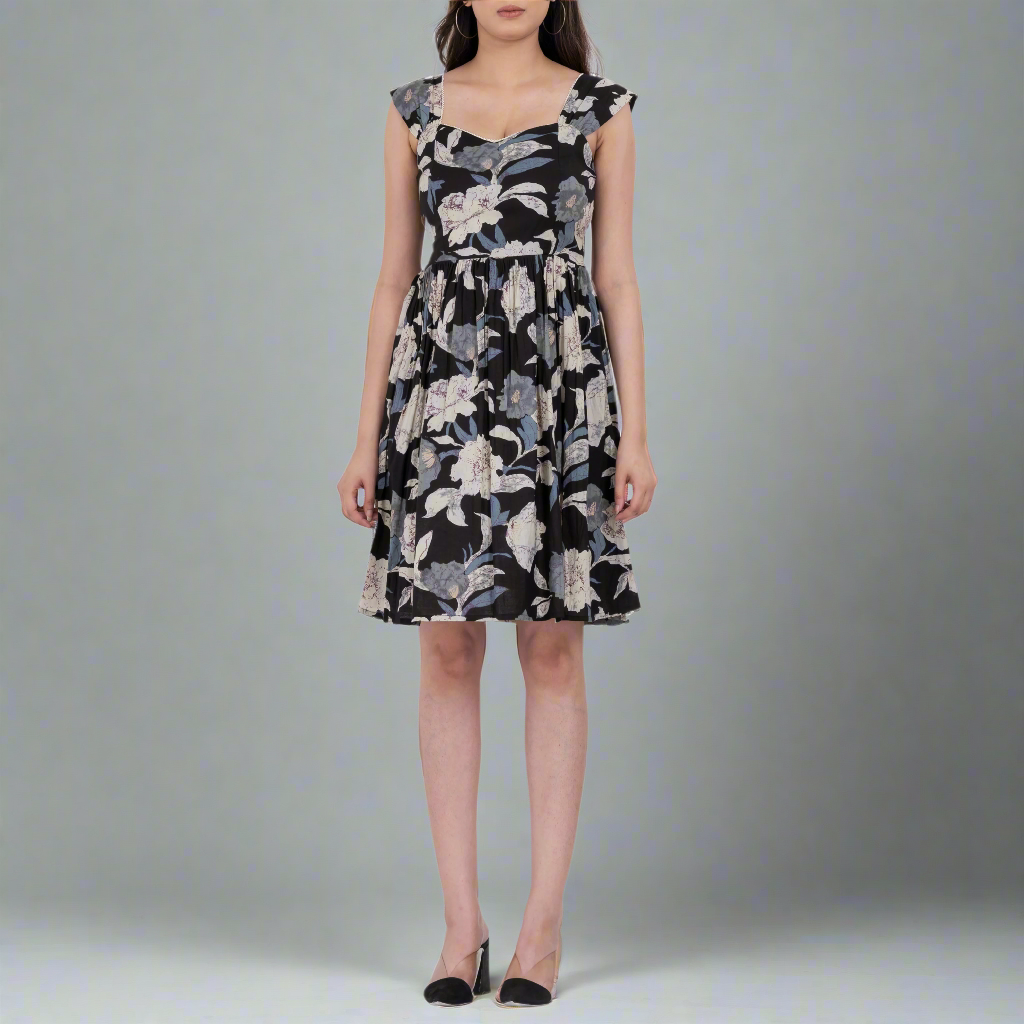 Square neck floral puff sleeve dress with A-line skirt and stylish floral print