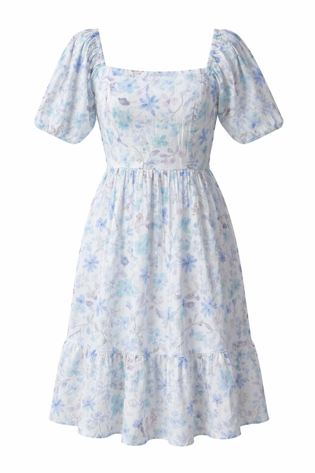Square neck cotton dobby dress with puff sleeves