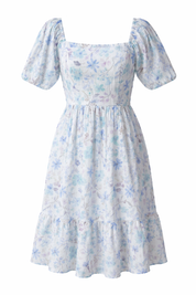 Square neck cotton dobby dress with puff sleeves