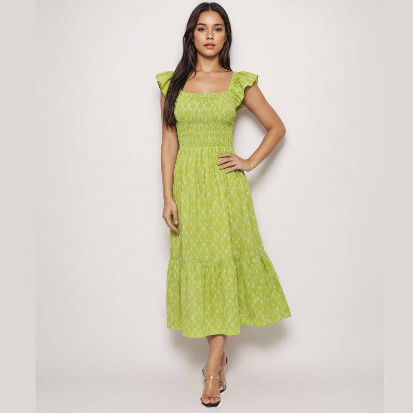 Square neck cotton midi dress with smocked bodice