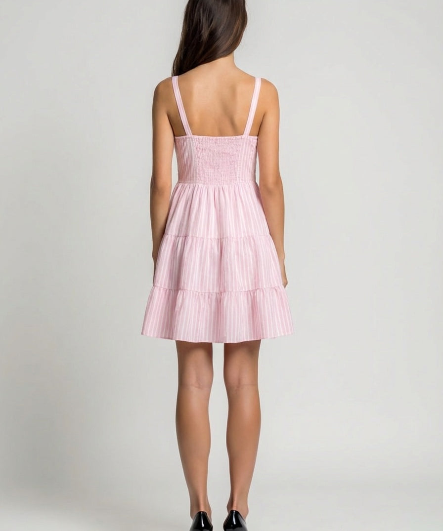 Cotton mini dress with square neckline and vertical stripe design