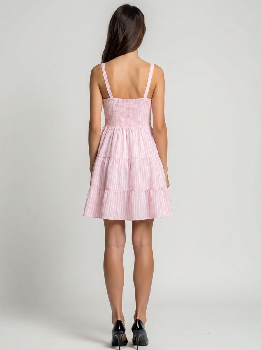 Cotton mini dress with square neckline and vertical stripe design