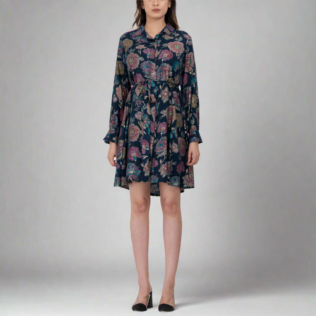 Floral shirt collar belted mini dress with long sleeves
