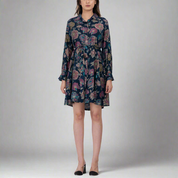 Floral shirt collar belted mini dress with long sleeves