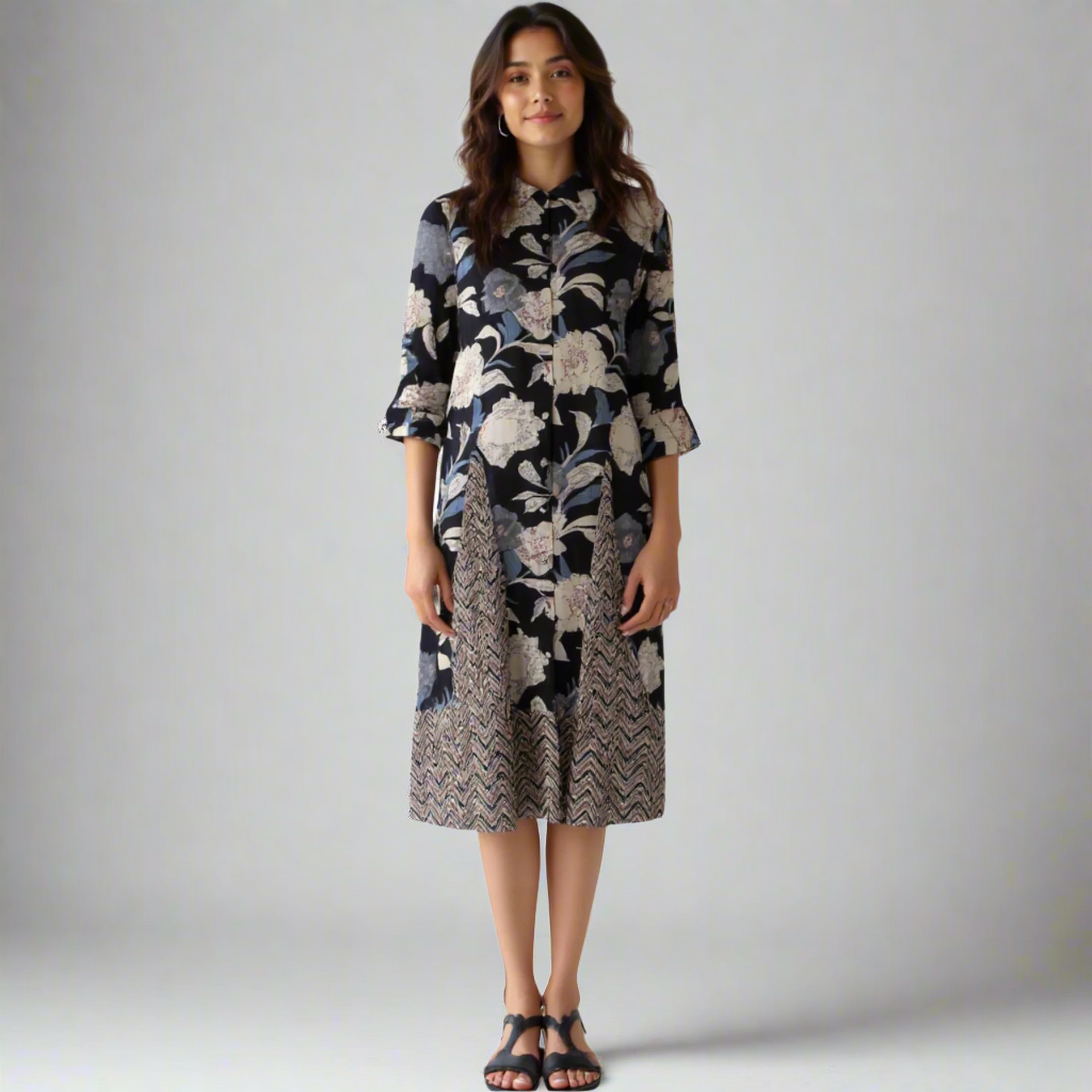 Full-length shot of the dress showcasing its summer-ready look with floral prints and chevron detail