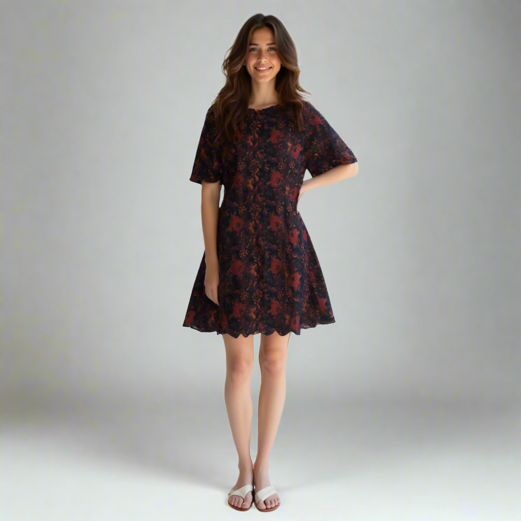 summer ready cotton mini dress with floral motif and short sleeves