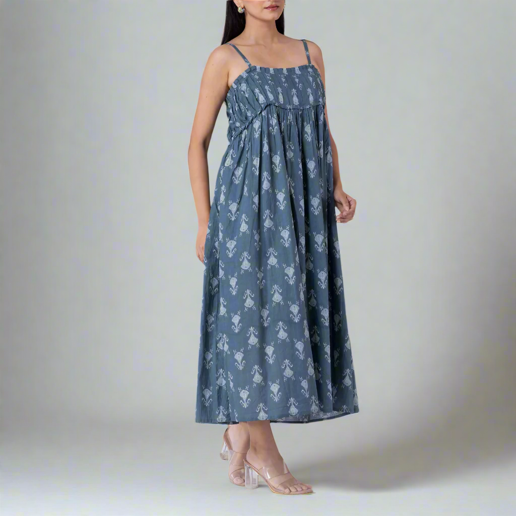 Summer floral print cotton maxi dress with relaxed fit