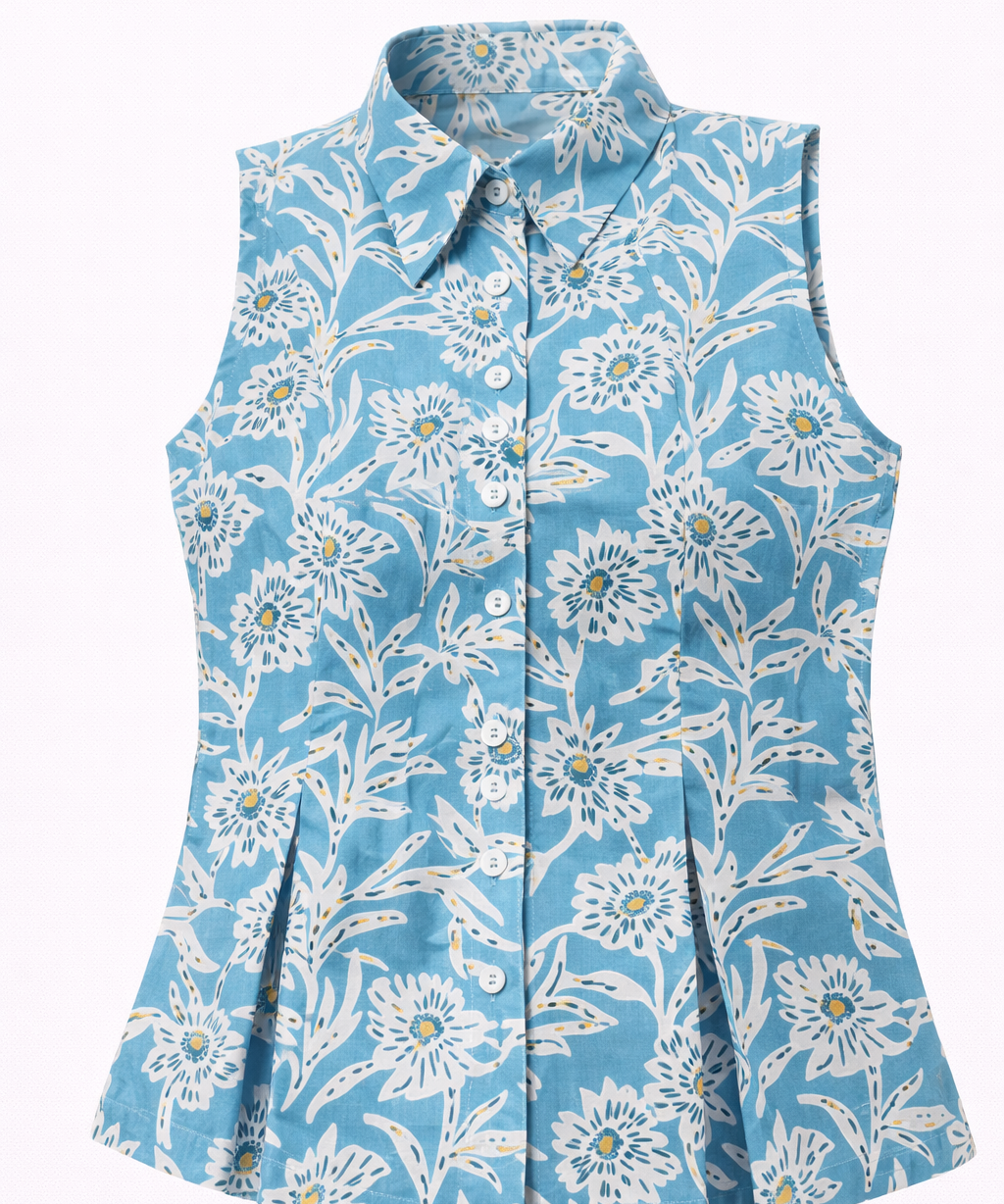 Blue floral sleeveless blouse turquoise