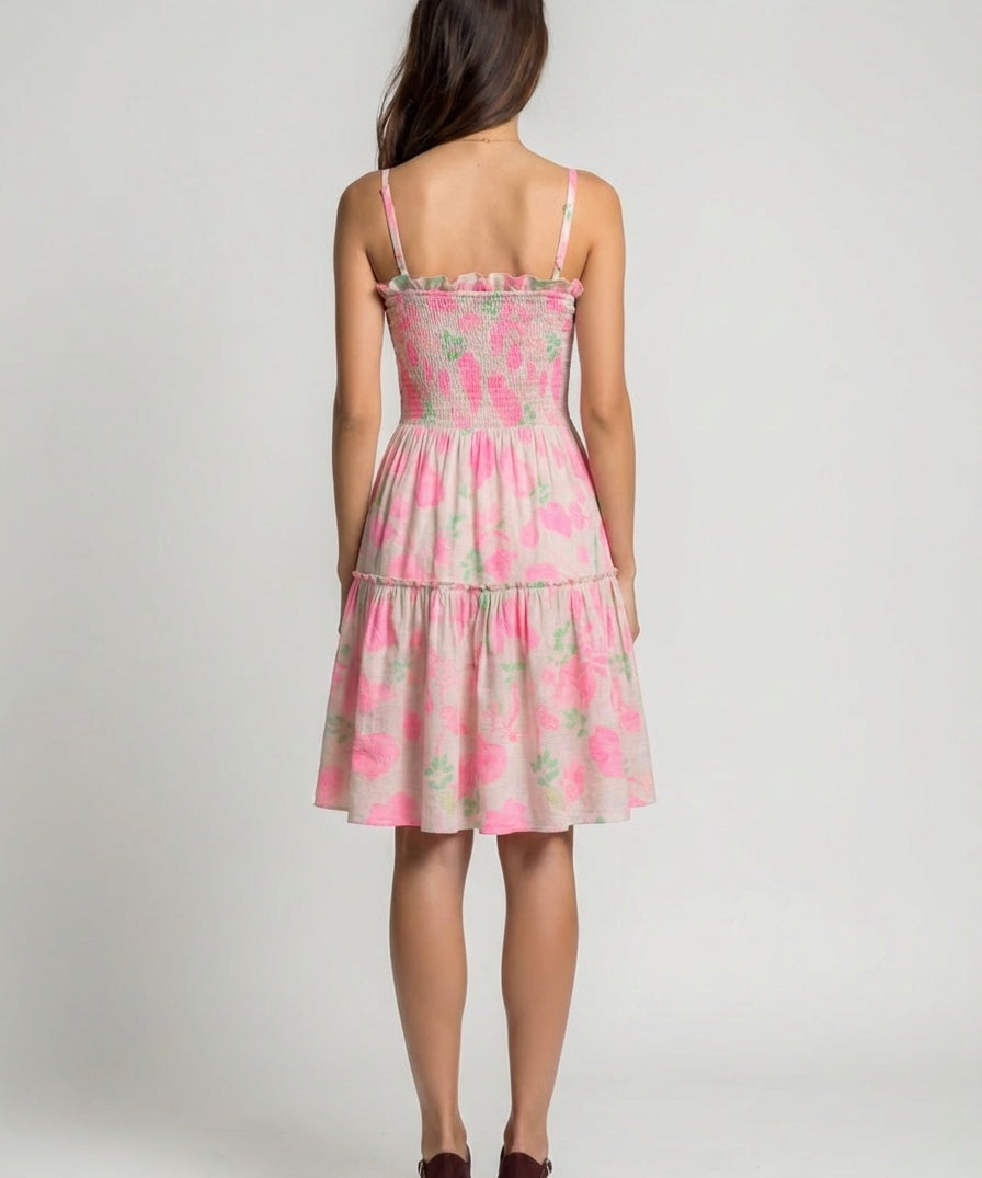 Woman wear pink floral dress