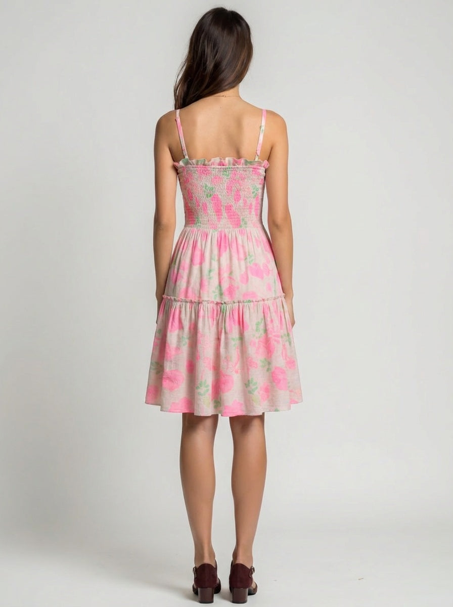 Woman wear pink floral dress