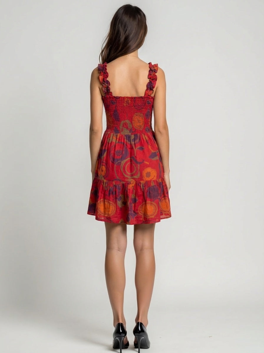 Red floral midi dress with sweetheart neckline and tie front