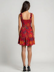 Red floral midi dress with sweetheart neckline and tie front