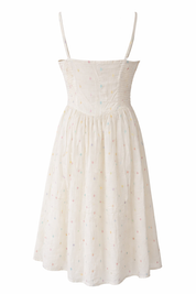 Cream tea length cotton summer dress with flowy skirt