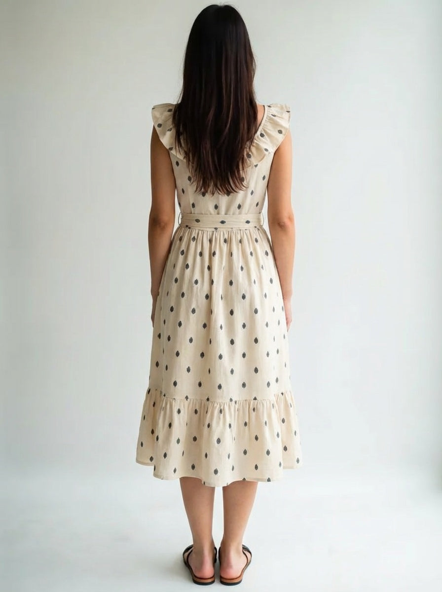 Woman wearing a beige dress with black polka dots 