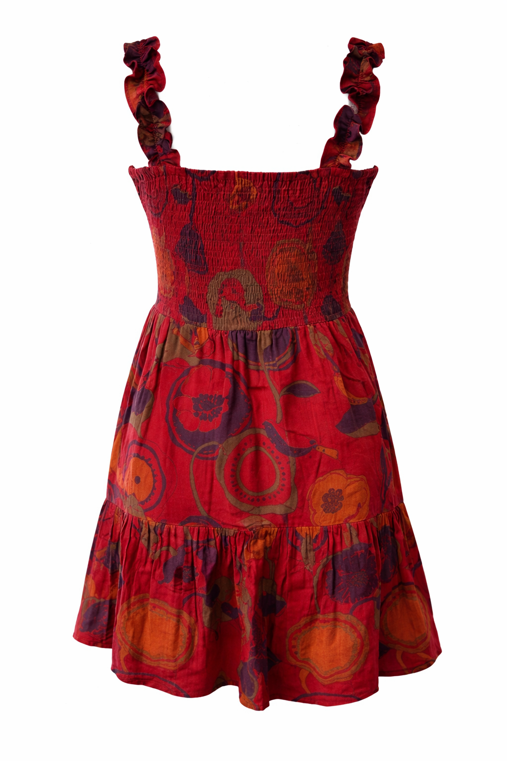 Red abstract floral midi dress with tiered ruffle hem