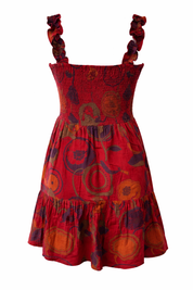 Red abstract floral midi dress with tiered ruffle hem