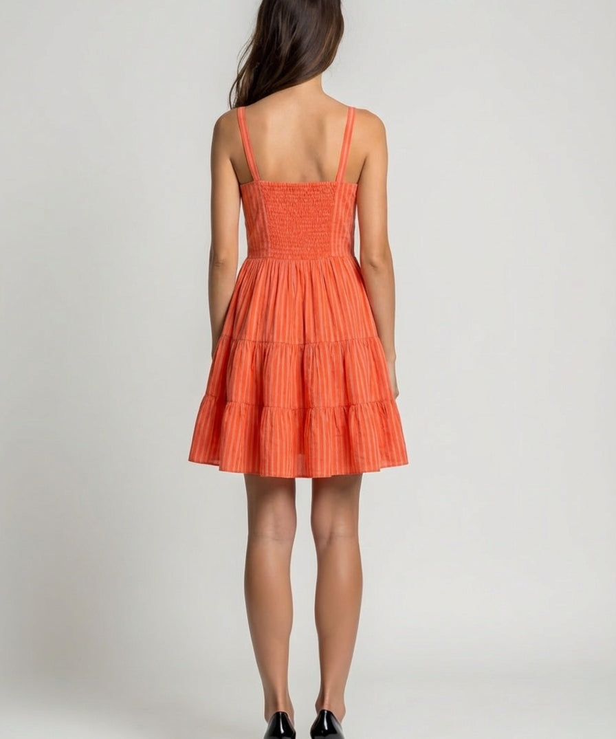 Handwoven cotton mini dress with three tier ruffled skirt