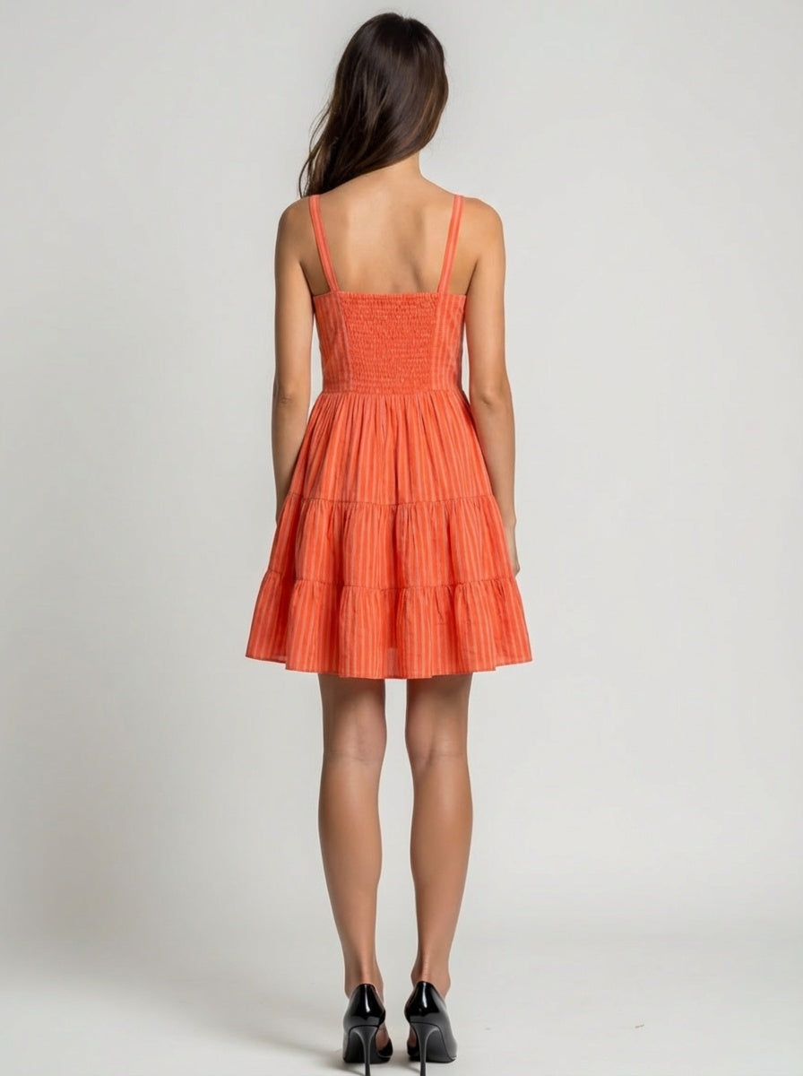 Handwoven cotton mini dress with three tier ruffled skirt