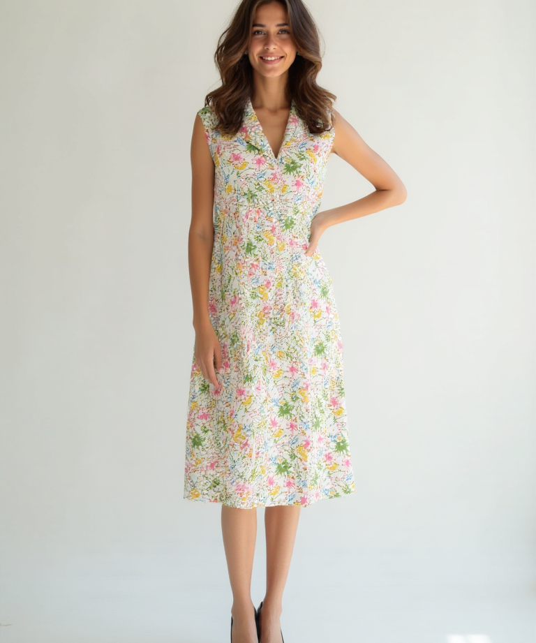 Floral button-down midi dress with pleated skirt and V-neckline
