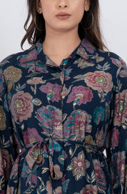 Romantic floral shirt collar mini dress with long sleeves