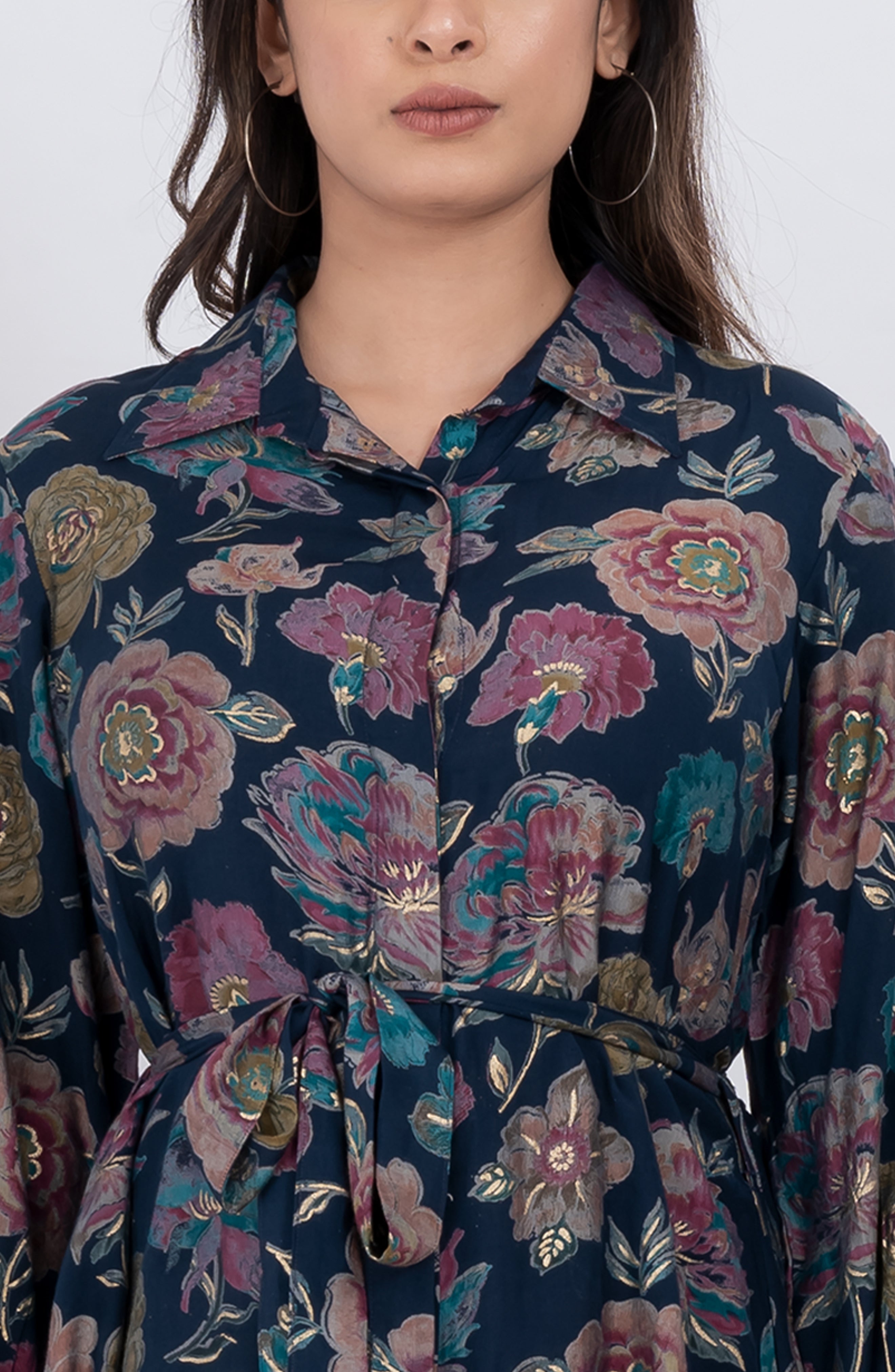 Romantic floral shirt collar mini dress with long sleeves