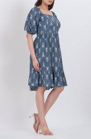Boho-inspired floral square neck puff sleeve dress with ruffled hem