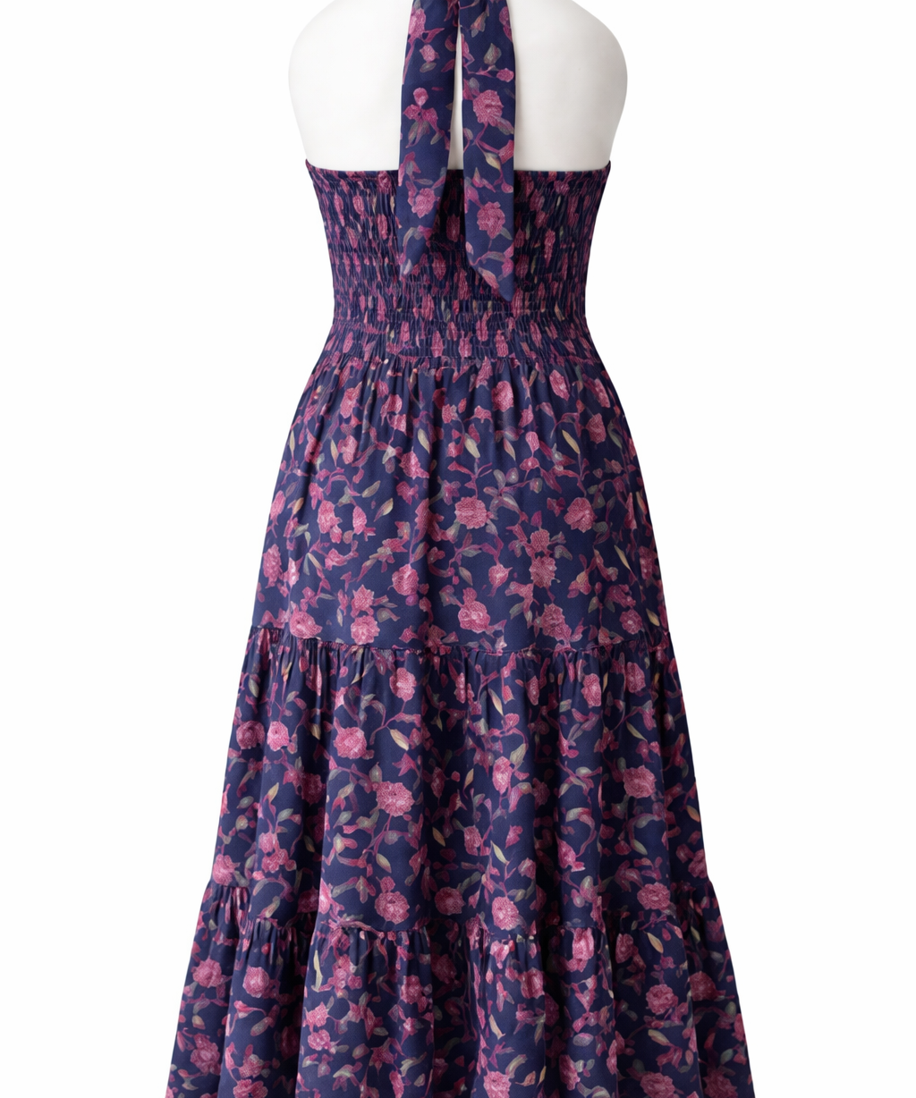 Navy blue dress with pink floral pattern bo emian twilight midi wild rose smocked sundress