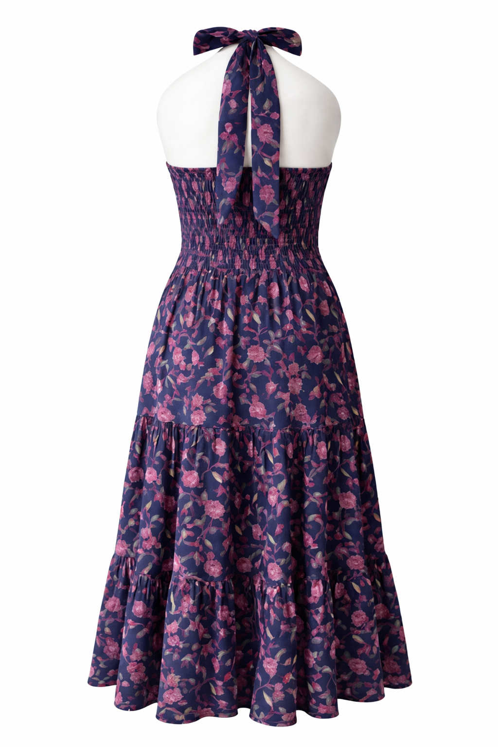 Navy blue dress with pink floral pattern bo emian twilight midi wild rose smocked sundress