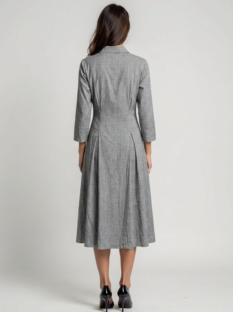 Clean V-neck handwoven cotton midi dress
