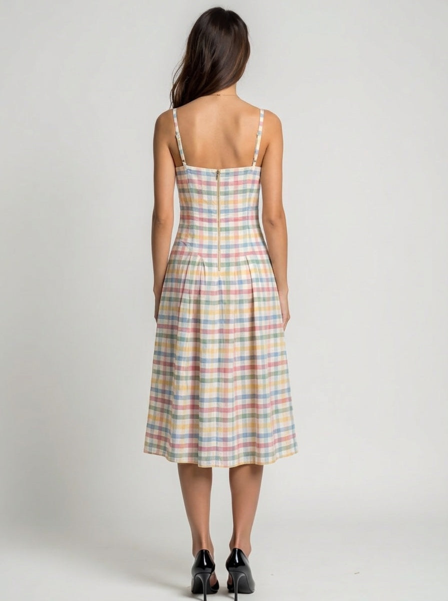 Gingham V neck midi dress with spaghetti straps