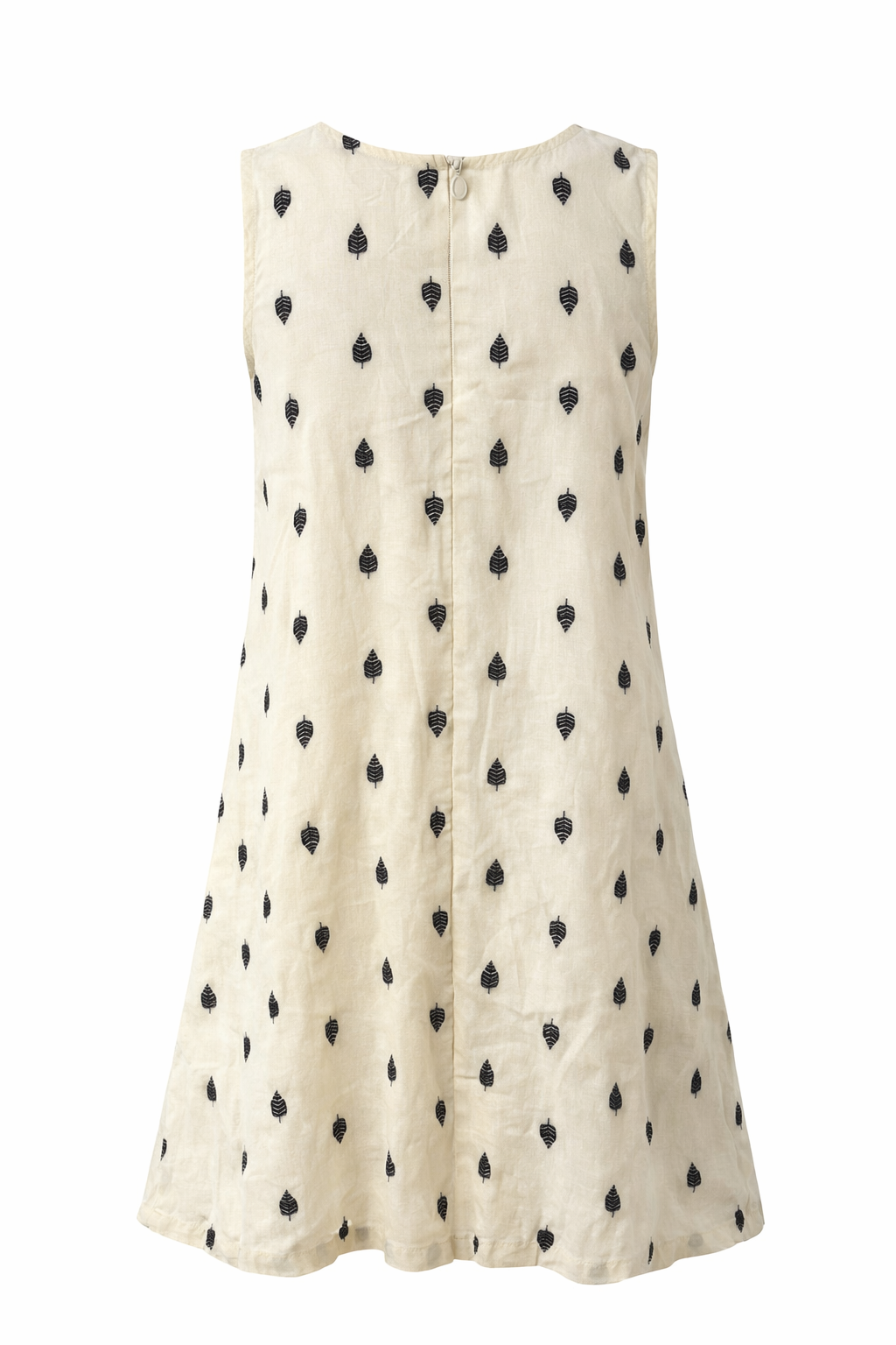 White sleeveless dress with black pattern on a white background