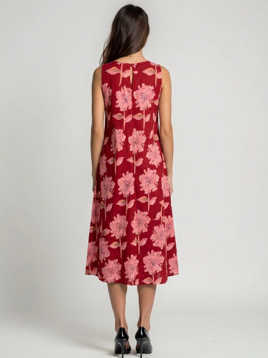 Vibrant floral print sleeveless cotton summer dress