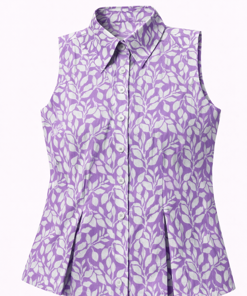 Purple sleeveless blouse with white floral pattern collar mini top 