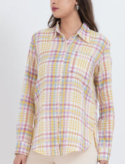 Pastel plaid blouse with a button-up front and long sleeves.